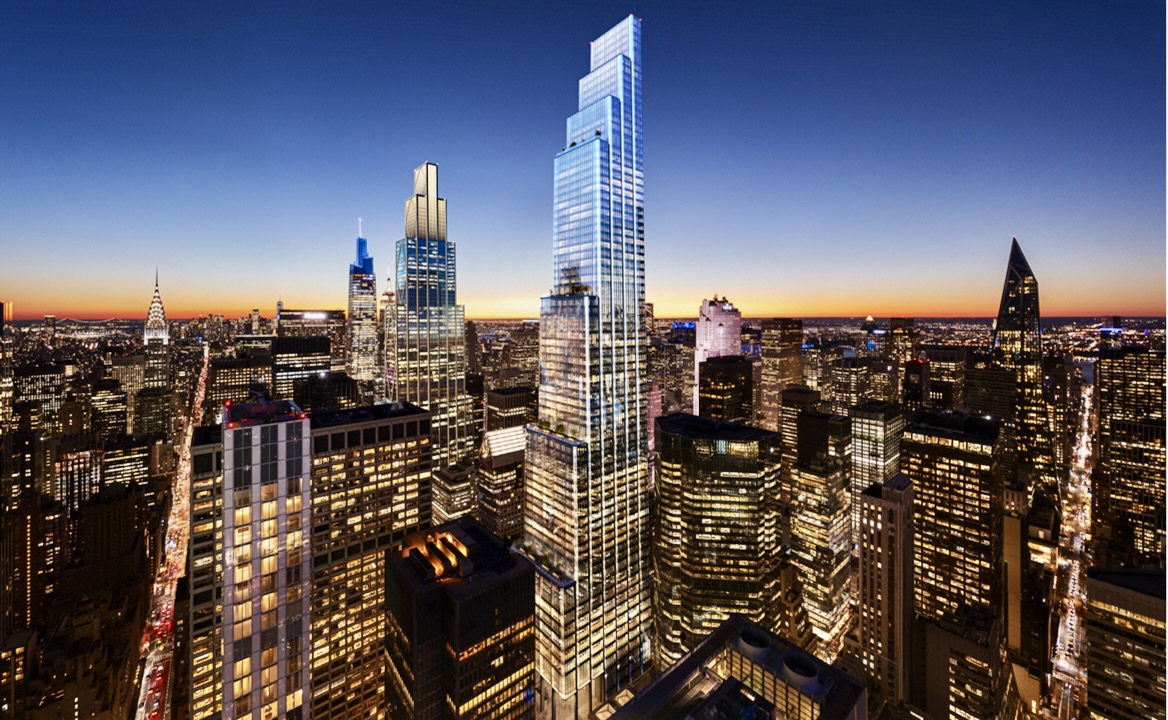 Residential tower exterior at night on Park Avenue