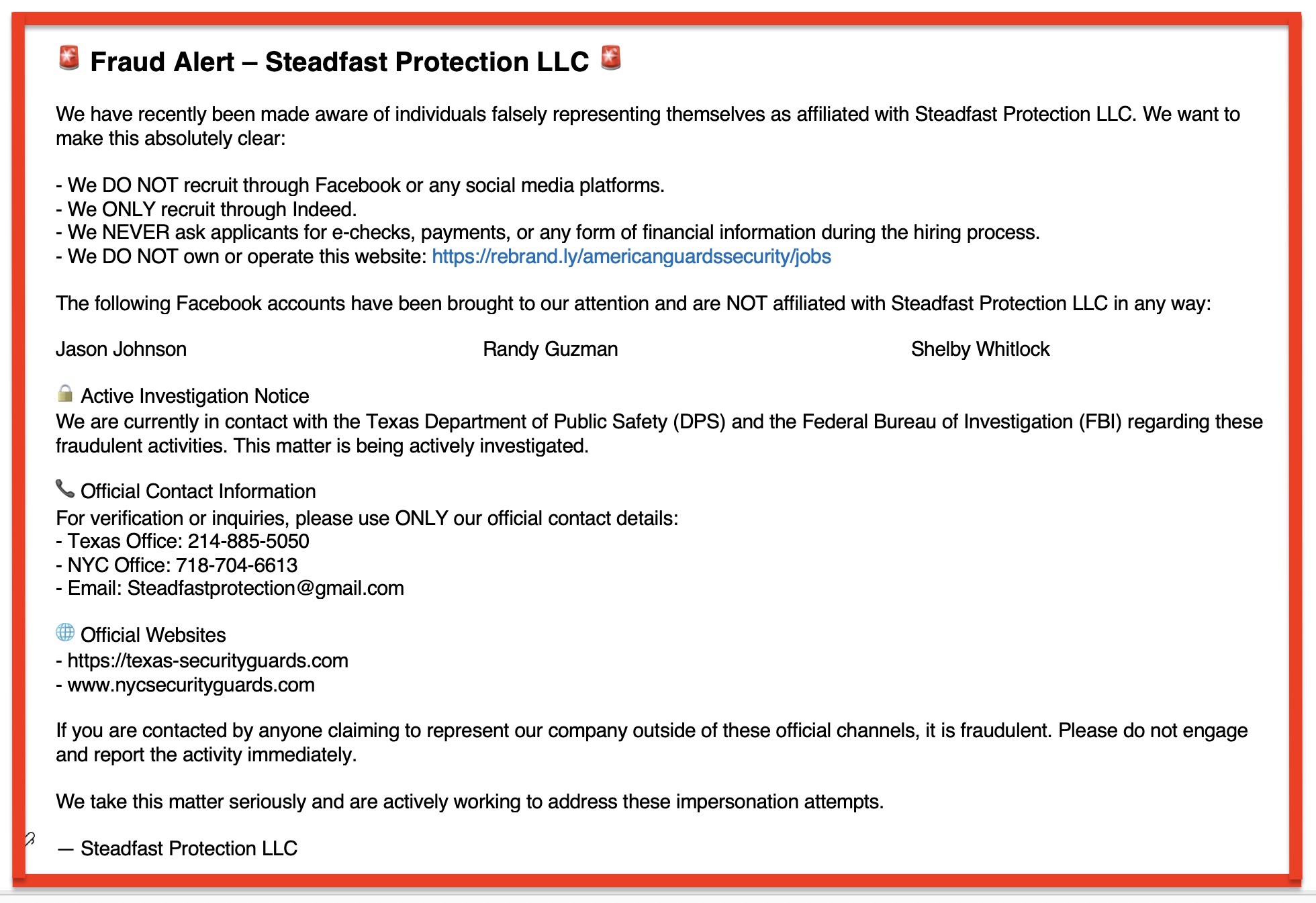 Fraud alert notice for Steadfast Protection LLC