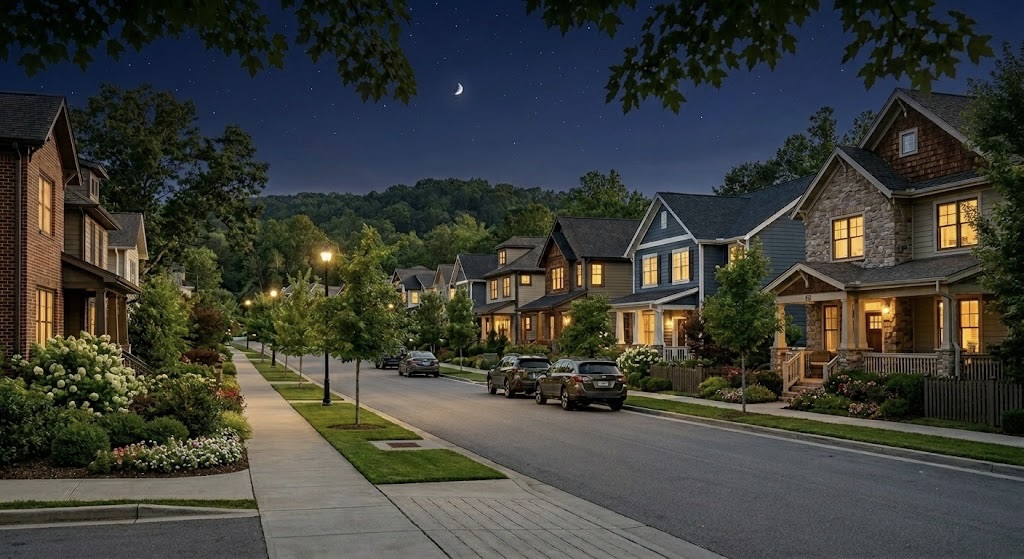 Residential community entrance with visible security presence